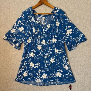 Naif‎ Women's 3X Blue Floral Print Rayon Peasant Bohemian Tunic Top Blouse Flowy